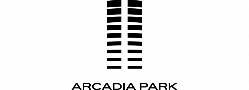 Logo Arcadia Park mit stilisierter Fassade über schwarzem Schriftzug