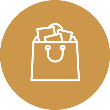 Icon rund für Einkaufen mit Einkaufstasche in Senf-Weiß
