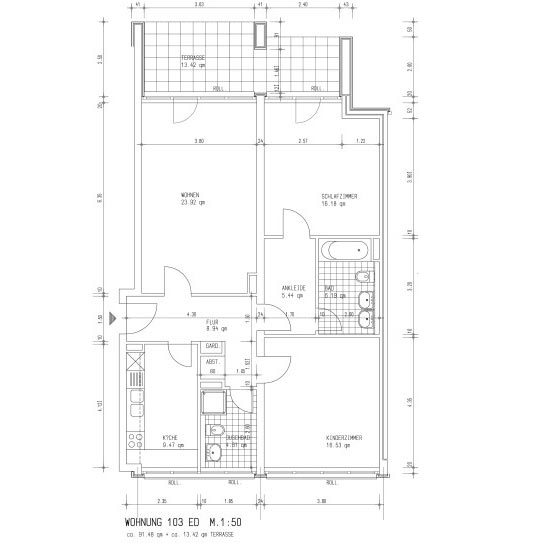 Floor plan Prinzenpark 3-room apartment in b/w