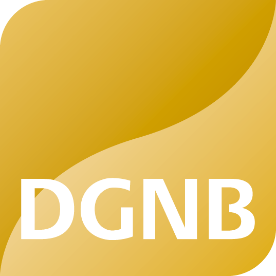 Logo DGNB mit Welle in Gold und weißer Schrift