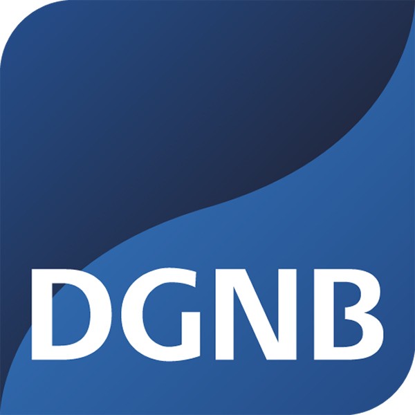Logo DGNB mit Welle in zwei Blautönen und weißer Schrift