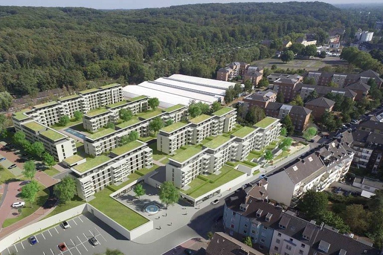 Bird's eye view of white building facades from Arcadia Höfe